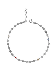 TO-141 - TOBILLERA DE PLATA CON MOTIVOS DIAMANTADOS CIRCULARES Y PIEDRAS DE COLOR DE 22 CM + ALARGADOR 
