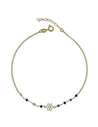 TO-167 - TOBILLERA DE PLATA CHAPADA EN ORO CON MOTIVO DE FLOR Y PIEDRAS EN TONOS AZULES DE 22 CM + ALARGADOR