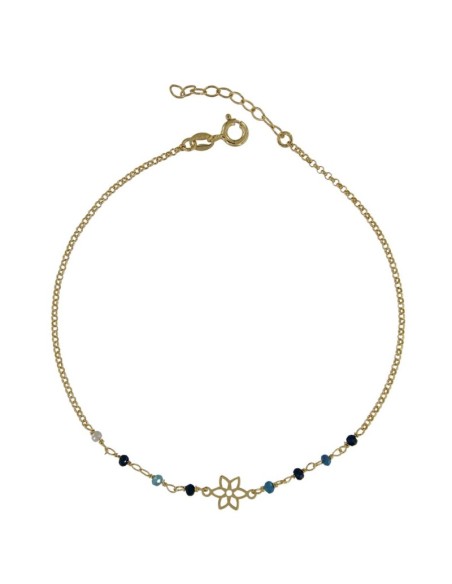 TO-167 - TOBILLERA DE PLATA CHAPADA EN ORO CON MOTIVO DE FLOR Y PIEDRAS EN TONOS AZULES DE 22 CM + ALARGADOR