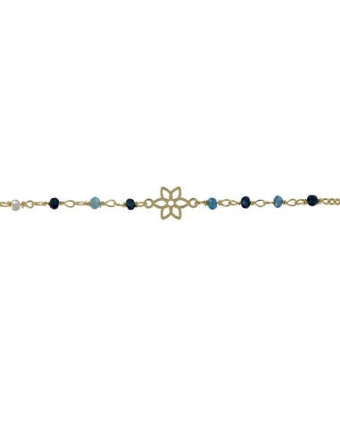 TO-167 - TOBILLERA DE PLATA CHAPADA EN ORO CON MOTIVO DE FLOR Y PIEDRAS EN TONOS AZULES DE 22 CM + ALARGADOR