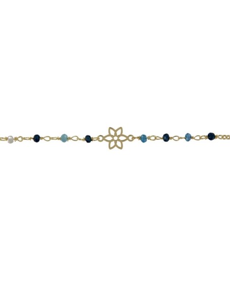 TO-167 - TOBILLERA DE PLATA CHAPADA EN ORO CON MOTIVO DE FLOR Y PIEDRAS EN TONOS AZULES DE 22 CM + ALARGADOR