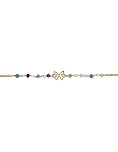 TO-165 - TOBILLERA DE PLATA CHAPADA EN ORO CON MOTIVO DE MARIPOSA Y PIEDRAS EN TONOS AZULES DE 22 CM + ALARGADOR