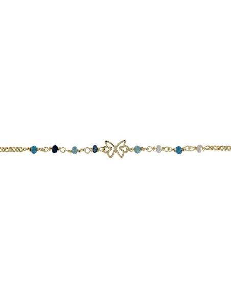 TO-165 - TOBILLERA DE PLATA CHAPADA EN ORO CON MOTIVO DE MARIPOSA Y PIEDRAS EN TONOS AZULES DE 22 CM + ALARGADOR