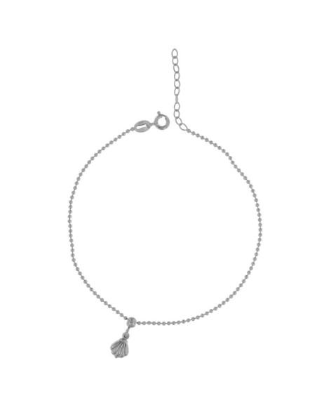 TO-137 - TOBILLERA DE PLATA CON CADENAS DE BOLITAS Y CONCHA DE 22 CM + ALARGADOR