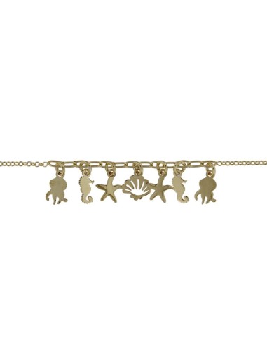 TO-169 - TOBILLERA DE PLATA CHAPADO EN ORO CON MOTIVO DE ANIMALES DEL MAR DE 22 CM + ALARGADOR