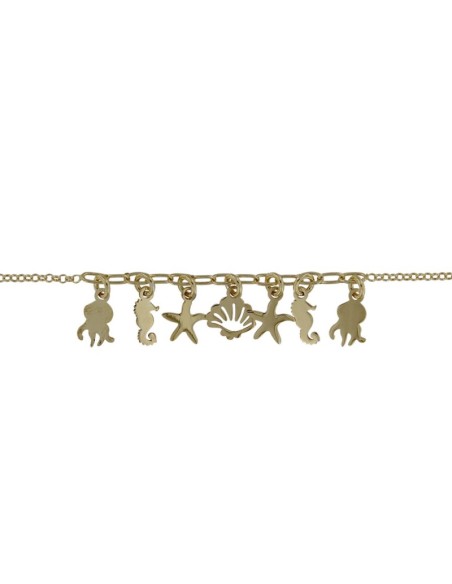 TO-169 - TOBILLERA DE PLATA CHAPADO EN ORO CON MOTIVO DE ANIMALES DEL MAR DE 22 CM + ALARGADOR
