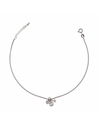 TO-88 - TOBILLERA DE PLATA CON MOTIVOS COLGANTES DE INFINITO, ESTRELLA Y CORAZÓN DE 26 CM 