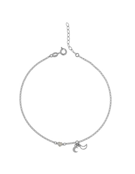 TO-133 - TOBILLERA DE PLATA CON MOTIVO DE LUNAS Y CORAZÓN CON PIEDRA DE 22,5 CM