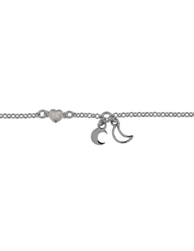 TO-133 - TOBILLERA DE PLATA CON MOTIVO DE LUNAS Y CORAZÓN CON PIEDRA DE 22,5 CM