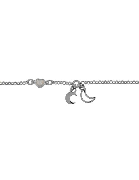 TO-133 - TOBILLERA DE PLATA CON MOTIVO DE LUNAS Y CORAZÓN CON PIEDRA DE 22,5 CM