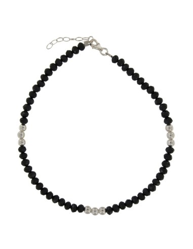 TO-153 - TOBILLERA CON BOLA DE PLATA DE 4 MM Y PIEDRA NEGRA DE 22,5 CM + ALARGADOR