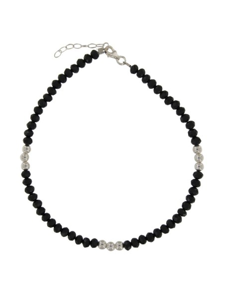 TO-153 - TOBILLERA CON BOLA DE PLATA DE 4 MM Y PIEDRA NEGRA DE 22,5 CM + ALARGADOR