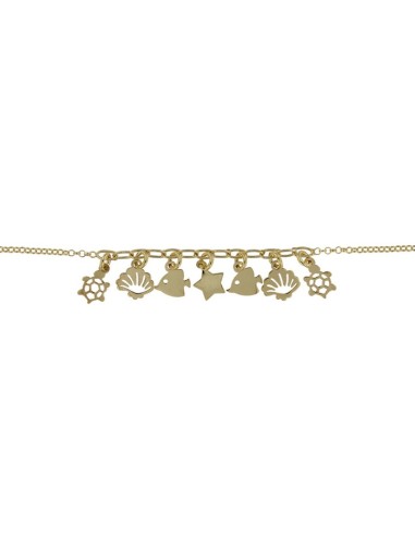 TO-171 - TOBILLERA DE PLATA CHAPADO EN ORO CON MOTIVO DE ANIMALES DEL MAR DE 22 CM + ALARGADOR