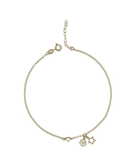 TO-144 - TOBILLERA DE PLATA CHAPADO EN ORO CON MOTIVO DE ESTRELLA Y ÁRBOL DE LA VIDA CON CORAZÓN CON PIEDRA DE 22,5 CM