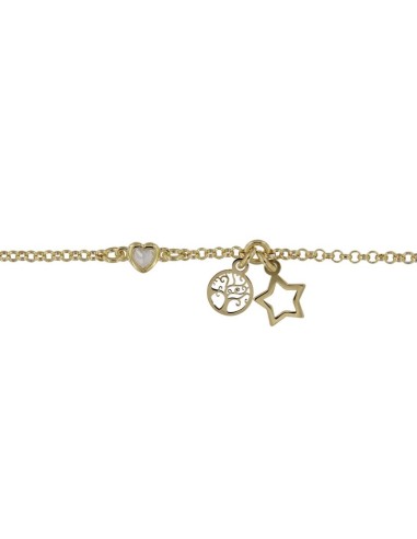 TO-144 - TOBILLERA DE PLATA CHAPADO EN ORO CON MOTIVO DE ESTRELLA Y ÁRBOL DE LA VIDA CON CORAZÓN CON PIEDRA DE 22,5 CM