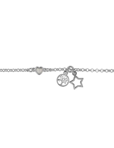 TO-143 - TOBILLERA DE PLATA CON MOTIVO DE ESTRELLA Y ÁRBOL DE LA VIDA CON CORAZÓN CON PIEDRA DE 22,5 CM