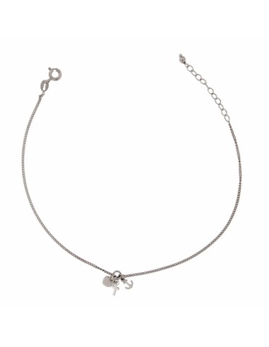 TO-109 - TOBILLERA DE PLATA CON MOTIVOS COLGANTES DE CRUZ, ANCLA Y CORAZÓN DE 26 CM 