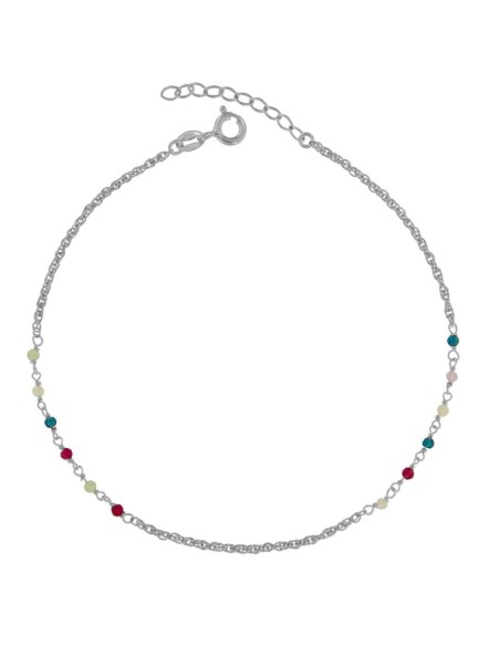 TO-176 - TOBILLERA DE PLATA CON MOTIVO DE PIEDRA COLORES DE 22 CM + ALARGADOR
