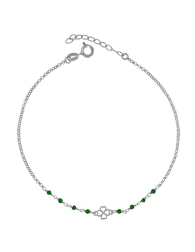 TO-162 - TOBILLERA DE PLATA CON MOTIVO DE TRÉBOL Y PIEDRA VERDE DE 22 CM + ALARGADOR