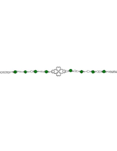 TO-162 - TOBILLERA DE PLATA CON MOTIVO DE TRÉBOL Y PIEDRA VERDE DE 22 CM + ALARGADOR