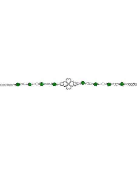 TO-162 - TOBILLERA DE PLATA CON MOTIVO DE TRÉBOL Y PIEDRA VERDE DE 22 CM + ALARGADOR