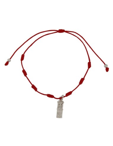PUL-4943 - PULSERA DE 7 NUDOS ROJA CON MOTIVO DE PLATA TORRE DE 13 MM X 5 MM 