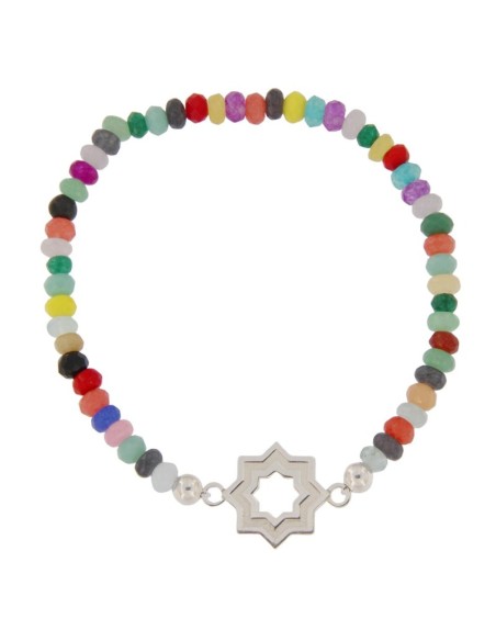 PULE-17 - PULSERA ELÁSTICA CON MOTIVO DE ESTRELLA MUDÉJAR SATINADA DE 14 MM Y PIEDRA DE COLOR + BOLA DE 4 MM