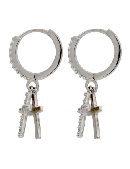 CRI-1077 - CRIOLLA DE PLATA CON CIRCONITA DE 8 MM Y CRUCES COLGANTES DE 10 MM