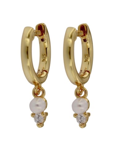 CRI-710 - CRIOLLA DE PLATA CHAPADA EN ORO LISA CON PERLA Y CIRCONITA CON 3 GARRAS 8 MM, 12 MM DIÁMTERO 