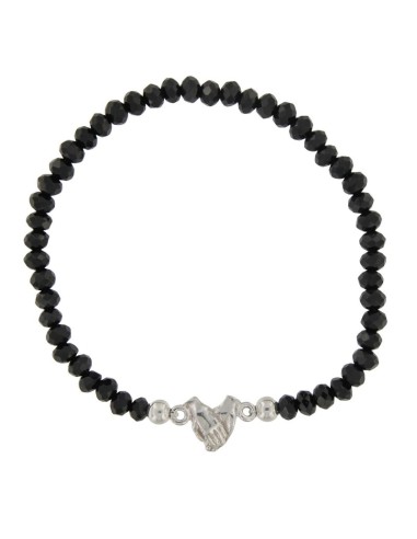 PUL-4605 - PULSERA ELÁSTICA CON PIEDRA DE COLOR NEGRO DE 4 MM Y MOTIVO DE MANOS UNIDAS TERUEL DE 9 MM X 9 MM 