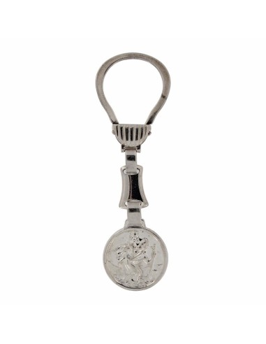LL-136 - LLAVERO DE PLATA CON MOTIVO CIRCULAR DE SAN CRISTÓBAL EL PATRÓN DE LOS CONDUCTORES DE 25 MM X 25 MM Y 9 CM