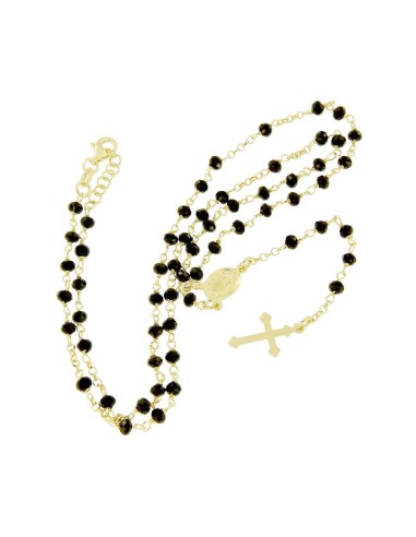 RO-40 - ROSARIO DE PLATA CHAPADO EN ORO CON CADENA DE 32 CM Y ANCHO DE 2 MM/PIEDRA NEGRA 4 MM Y COLGANTE DE 18 MM X 17 MM