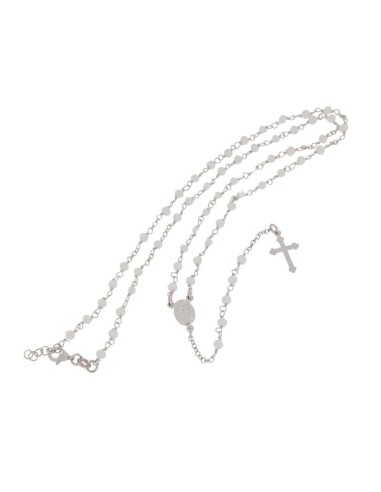 RO-44 - ROSARIO DE PLATA CON CADENA DE 34 CM Y ANCHO DE 2 MM/PIEDRA BLANCA 4 MM Y COLGANTE DE 17 MM X 11 MM