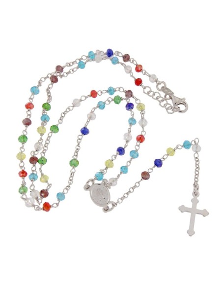 RO-42 - ROSARIO DE PLATA CON CADENA DE 32 CM Y ANCHO DE 2 MM/PIEDRA DE COLOR 3,5 MM Y COLGANTE DE 17 MM X 11 MM