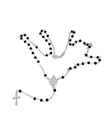 RO-31 - ROSARIO DE PLATA CON CADENA DE 34 CM Y ANCHO DE 2 MM/PIEDRA NEGRA 3,5 MM Y COLGANTE DE 16 MM X 10 MM
